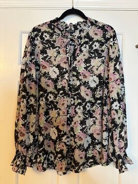torrid Black Floral Tie-Front Blouse with Pink & Cream Accents